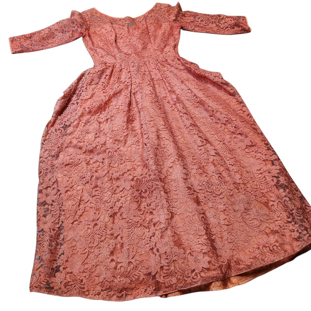 Vintage 70s Coral Lace Long Sleeve Dress Elegant Rare
